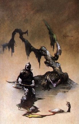 1973 Ford Ranchero - A warrior confronts a monstrous reptile in a murky swamp, with a hint of danger from below.