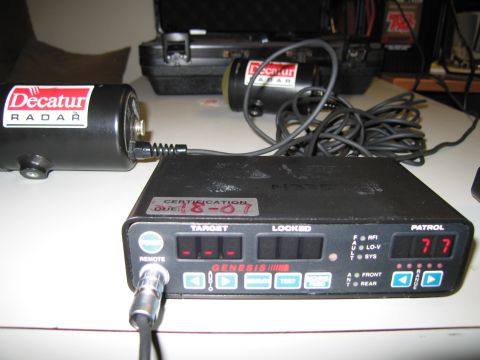 1991 Ford LTD Crown Victoria - A Decatur radar unit is connected to a Genesis control box, which displays 'PATROL 77'.