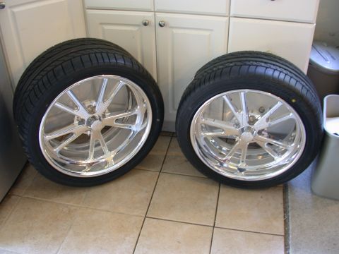 1964 Ford Ranchero - Pair of custom chrome wheels and tires, likely aftermarket parts.