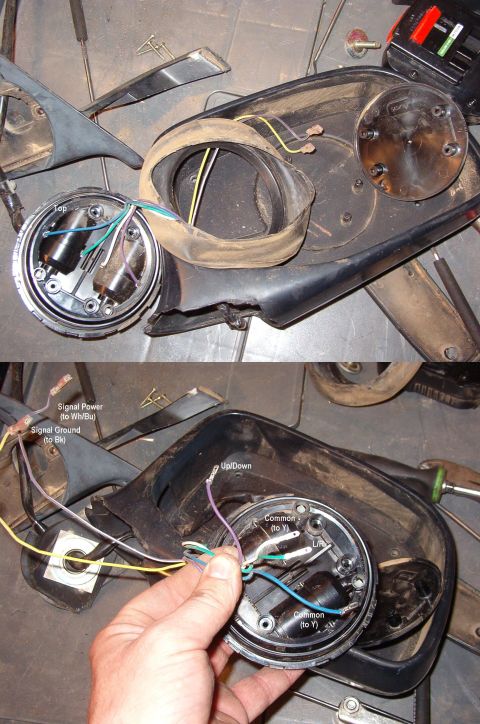 1983 Ford Bronco - Passenger signal mirror wire colors. Remove the motor cap (on the bottom), and scratch the wire colors into the motor housing for proper re…