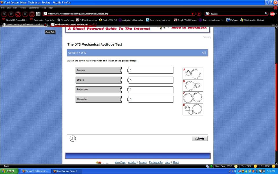 Browser screenshot of a DTS mechanical aptitude test gear-matching question