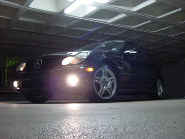 Dark blue 2002 Mercedes-Benz C-Class parked indoors, front quarter view