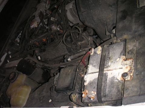 1997 Ford Crown Victoria - The engine bay of a 1997 Ford Crown Victoria appears dirty and shows various components including the battery and hoses.