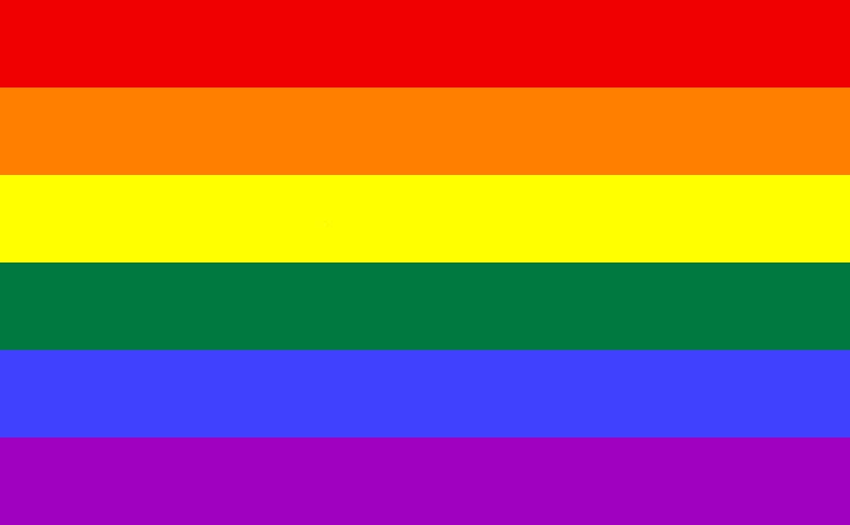 Rainbow flag with six horizontal stripes: red, orange, yellow, green, blue, and purple