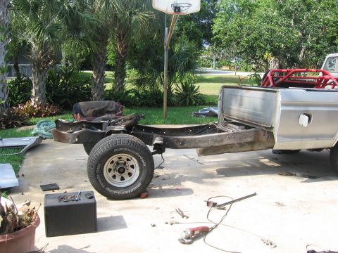 1979 Ford F-150 - This 1979 Ford F-150 is undergoing a cab swap, with the frame and bed separated.