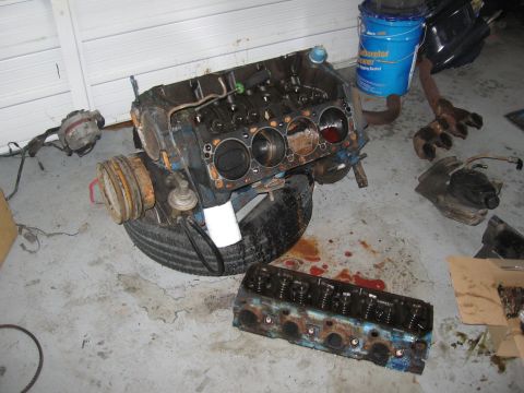 1979 Ford F-150 - A disassembled V8 engine and its components are laid out on a concrete floor, with oil stains visible.