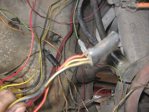 1979 Ford F-150 - Close-up of a complex engine wiring harness with multiple colored wires and connectors visible.