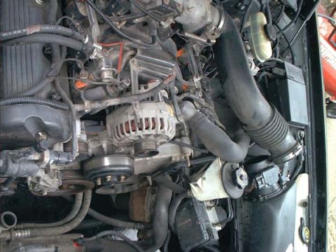 2000 Ford Crown Victoria - Overhead view into an open engine bay showing the alternator, serpentine belt pulleys and accessory drive on the passenger side of a V8, wi…