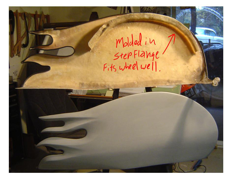 Two custom flame-shaped fiberglass fender skirts, one showing molded step flange underside, one in gray primer