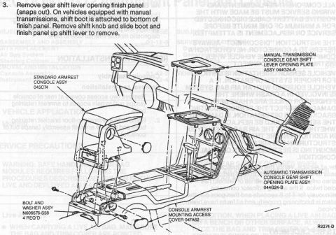1993 Ford Mustang - Exploded view of car interior console components, detailing manual and automatic transmission parts.
