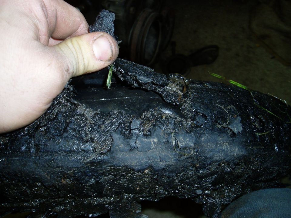 Hand holding torn piece of heavily damaged tire tread