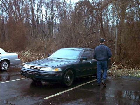 2000 Ford Crown Victoria - A dark blue Ford Crown Victoria is parked on a wet asphalt surface with a person standing next to it.