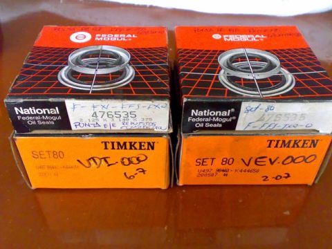 1995 Ford F-150 - Boxes of National Federal-Mogul oil seals and Timken bearings are displayed, showing part numbers and handwritten labels.