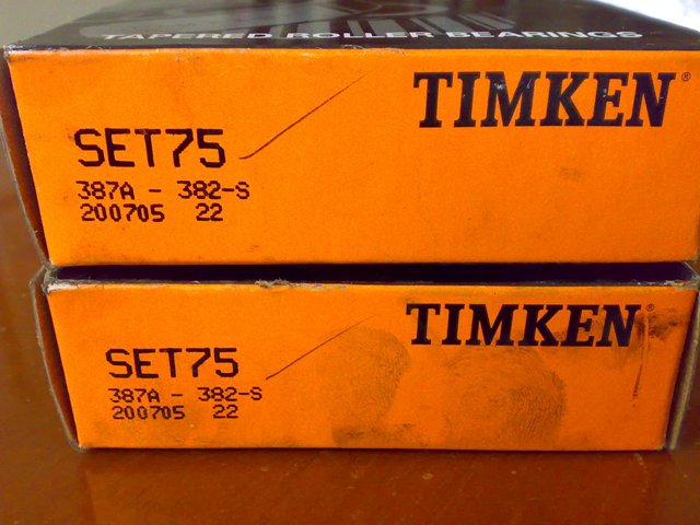 Two Timken SET75 bearing boxes with part numbers 387A-382-S