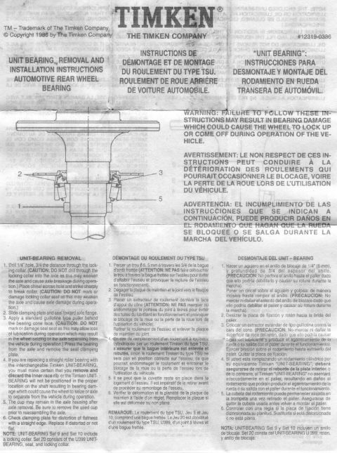 1995 Ford F-150 - This document provides instructions for the removal and installation of a Timken automotive rear wheel unit bearing.