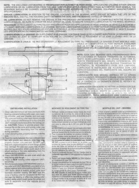 1995 Ford F-150 - Service procedure sheet for unit-bearing installation with a hub cross-section diagram and instructions in three languages.