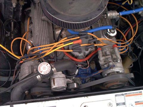 2000 Ford Crown Victoria - Close-up view of a V8 engine bay, showing the air filter, distributor, and spark plug wires.