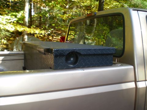 1979 Ford Bronco - Toolbox sits in the bed of a pickup truck, with trees in the background.