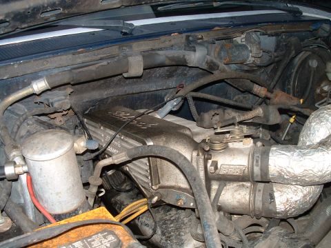 1995 Ford Bronco - Close-up view of the engine compartment, showing various hoses, wiring, and engine components.