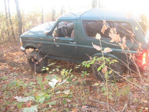 1996 Ford Bronco - This 1996 Ford Bronco is navigating a wooded trail with fallen leaves on the ground.