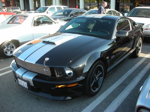 1998 Ford Crown Victoria - Black late-model Shelby GT Mustang with silver racing stripes and black wheels, parked at a car show.