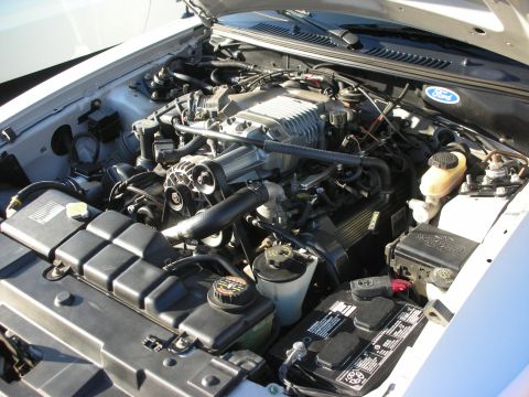 1998 Ford Crown Victoria - detailed engine bay featuring a belt-driven supercharger and a Ford blue-oval emblem on top of the motor.