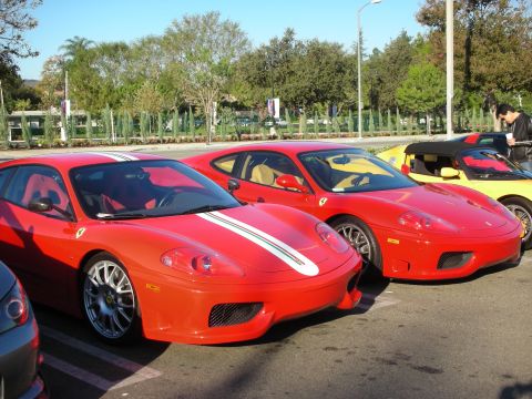 1998 Ford Crown Victoria - Two red Ferrari 360 coupes parked side by side, one wearing a white racing stripe, with a yellow car beyond them.