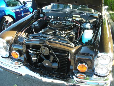 1998 Ford Crown Victoria - polished V8 engine bay of a black classic Mercedes sits exposed with hood up, showing a black fan shroud and amber lenses.