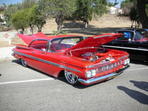 1998 Ford Crown Victoria - Custom 1959 Impala at a car show, engine exposed for viewing.