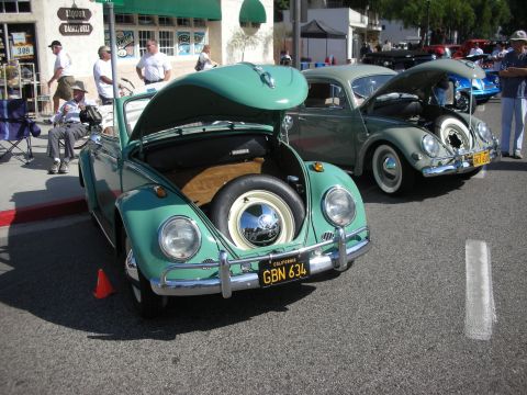 1998 Ford Crown Victoria - Two classic Volkswagen Beetles are parked on a street, one with its front hood open revealing a spare tire.