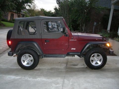 1995 Ford Bronco - This Jeep Wrangler is shown from the side, its soft top and spare tire on the back.
