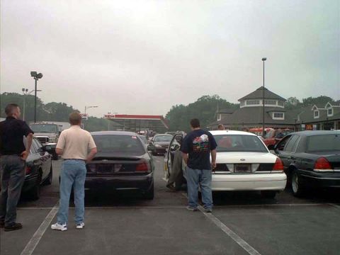 2000 Ford Crown Victoria - Several Ford Crown Victorias are parked in a lot under an overcast sky.