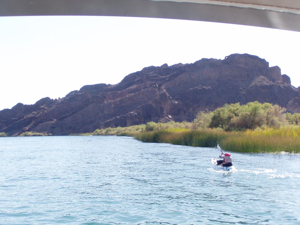 Person kayaking on a desert river near reeds and dark rocky hills