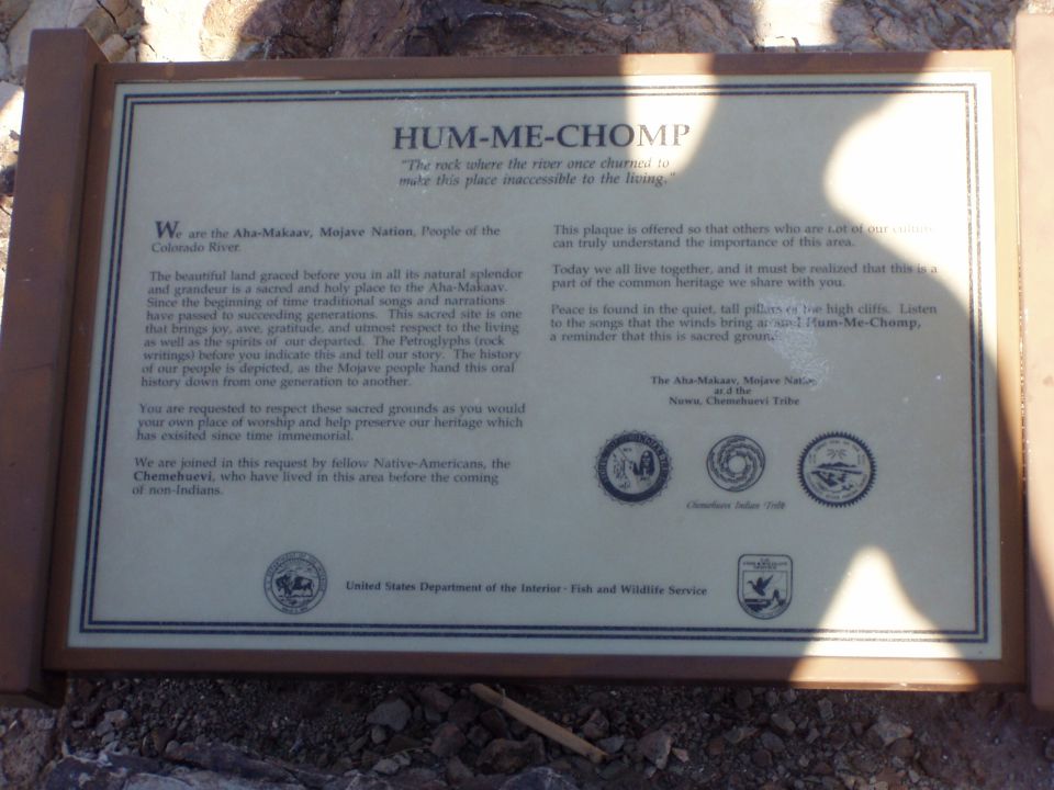 Interpretive plaque titled HUM-ME-CHOMP about Aha Makav Mojave Nation