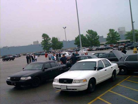 2000 Ford Crown Victoria - A group of people gather around two Ford Crown Victorias in a parking lot on an overcast day.