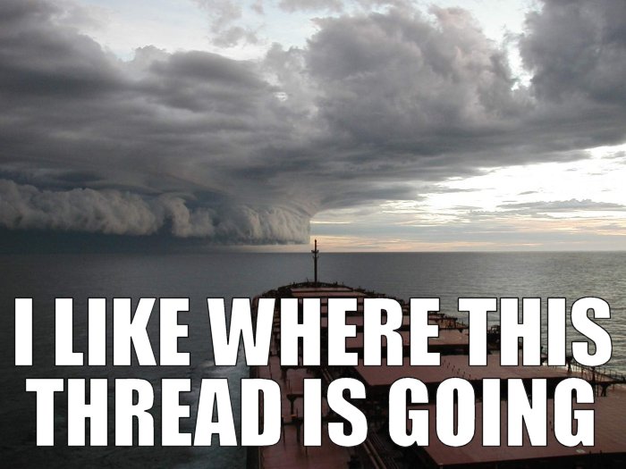 Cargo ship sailing on the ocean with a massive storm cloud formation overhead. Text overlay reads 'I LIKE WHERE THIS THREAD IS GOING'