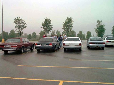2000 Ford Crown Victoria - A group of sedans, including a 2000 Ford Crown Victoria, are parked in a lot on a cloudy day.