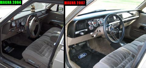 1988 Mercury Grand Marquis - Two-panel comparison of vehicle interiors labeled Magna 2004 and Magna 2007, showing gauges, steering wheels and Ford floor mat.