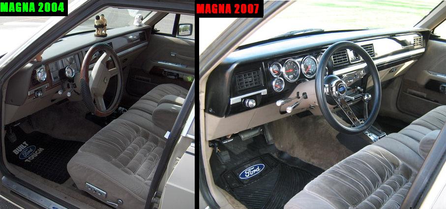 Side-by-side comparison of two car interiors labeled Magna 2004 and Magna 2007 dashboards