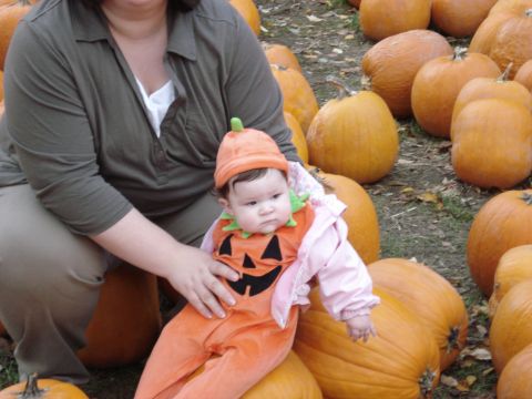 2000 Ford Crown Victoria - Baby dressed as a pumpkin sits in a field of pumpkins.