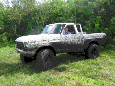 1979 Ford F-150 - A driver sits in a heavily muddied 1977 Ford F-150 pickup truck, its tires caked with mud.