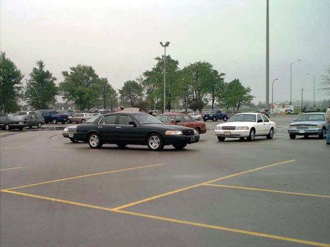 2000 Ford Crown Victoria - A black 2000 Ford Crown Victoria is parked in a lot with other vehicles under an overcast sky.