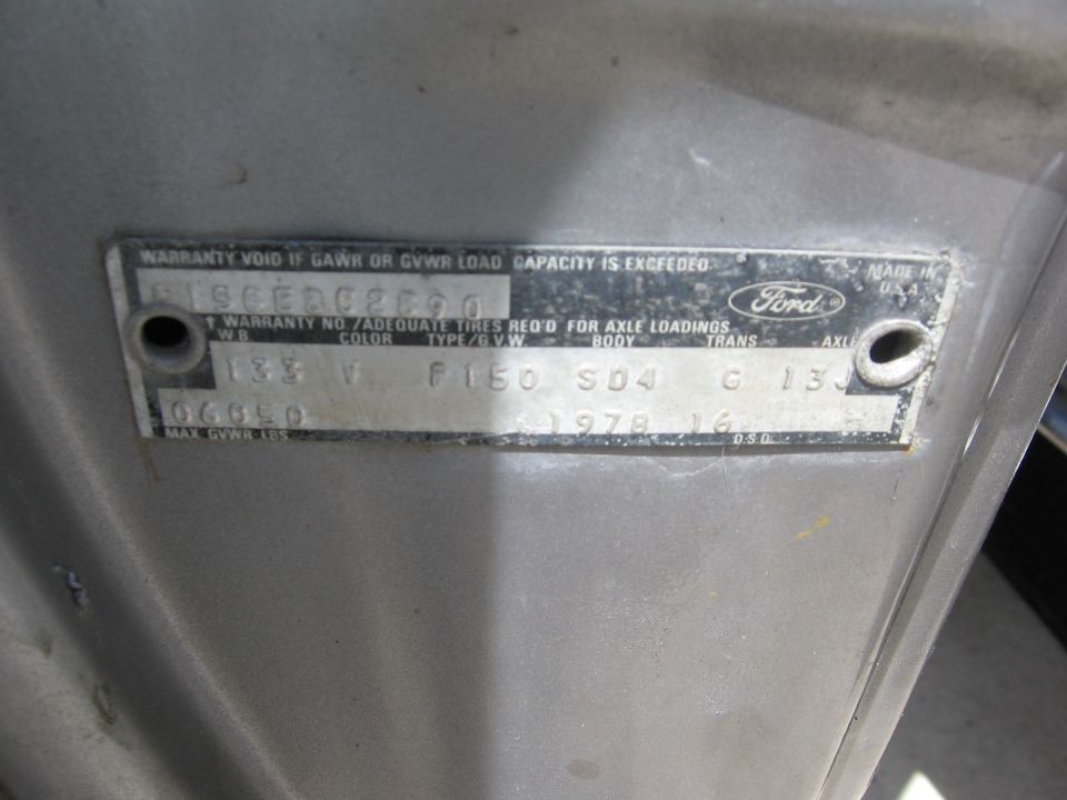 Ford F150 warranty and vehicle data plate with wheelbase, color, body, trans and axle codes