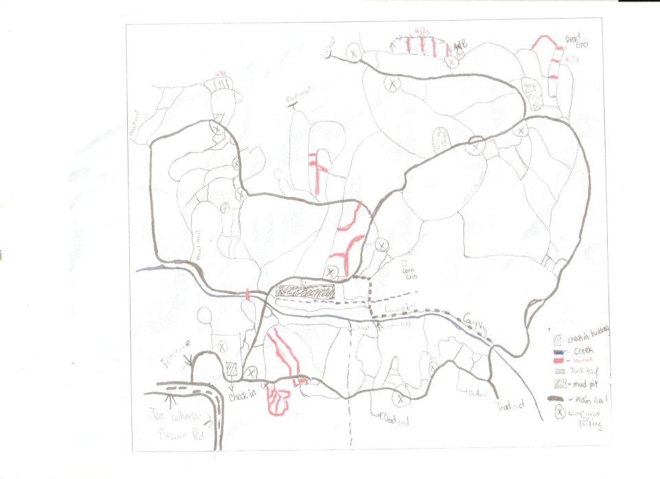 Hand-drawn off-road trail map with trails, creek, and mud-pit legend
