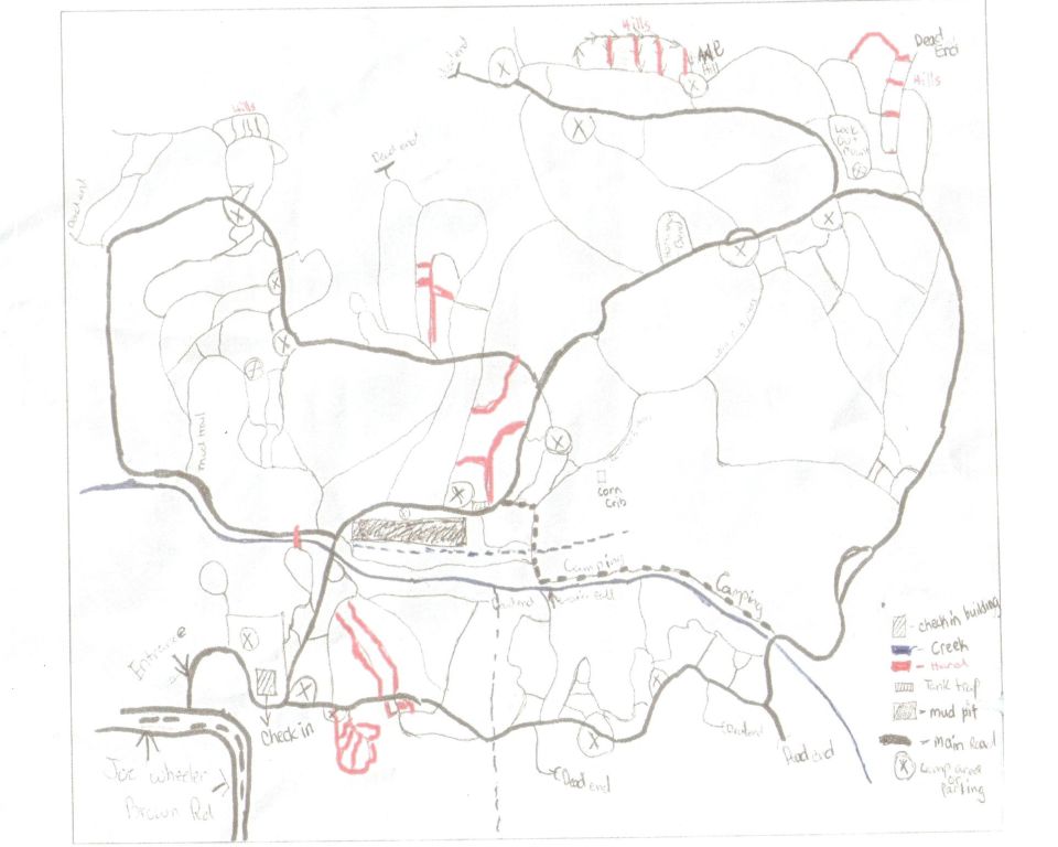 Hand-drawn off-road trail map with red and gray markings and a legend