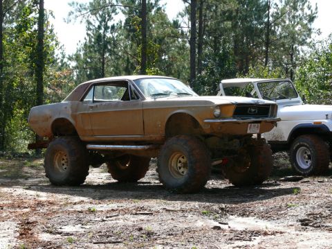1988 Ford Bronco - A heavily modified 1967 Ford Mustang, lifted and covered in mud, sits beside a white Jeep in a wooded area.