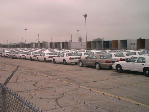 2000 Ford Crown Victoria - A large lot filled with white Ford Crown Victoria sedans, likely a police or taxi fleet, parked under an overcast sky.