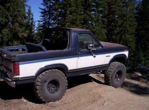 1985 Ford Bronco - This lifted Ford Bronco is shown off-road with its top removed, highlighting its capabilities.