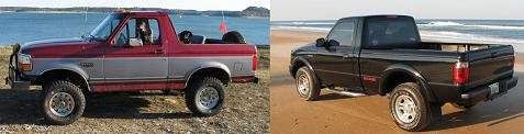 2003 Ford Ranger - Two pickup trucks are shown, one parked on dirt and the other on a beach with the ocean in the background.