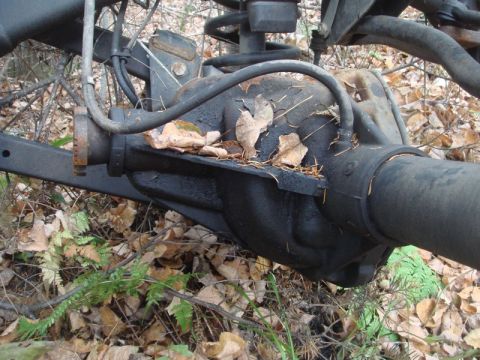 1996 Ford Bronco - The rear axle assembly of a vehicle sits in the woods, partially obscured by fallen leaves and undergrowth.
